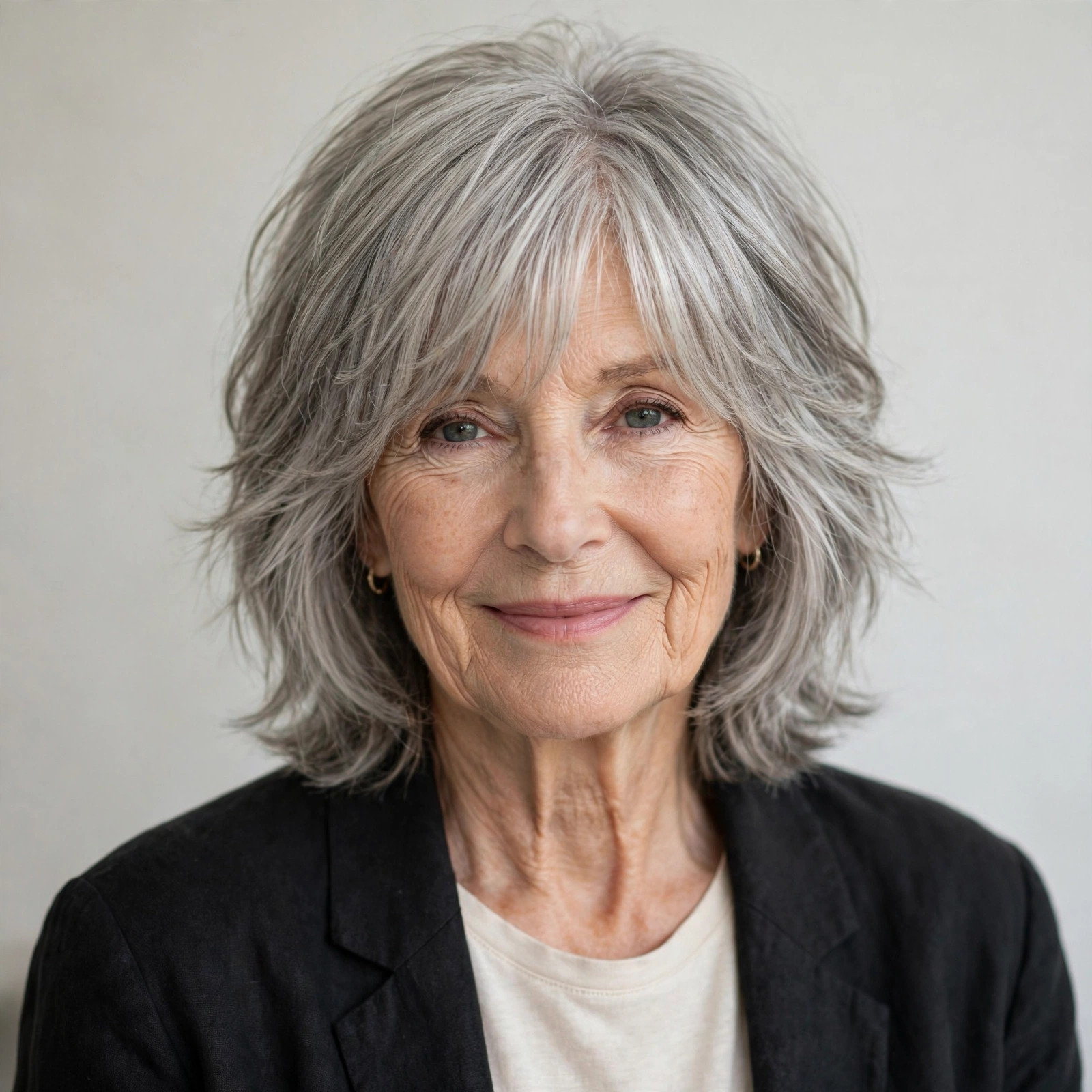 Shag suave con flequillo cortina en cabello gris